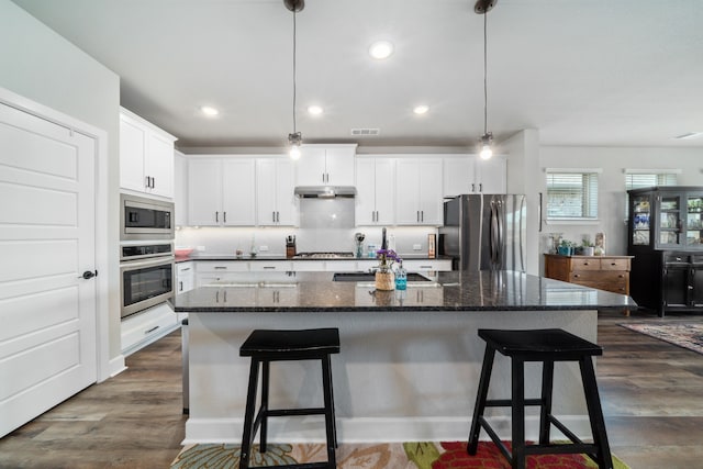 kitchen with white cabinetry, sink, stainless steel appliances, an island with sink, and pendant lighting