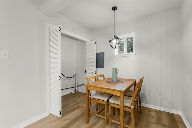 dining area with electric panel and wood-type flooring