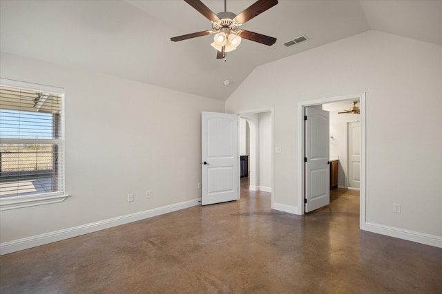 unfurnished bedroom with vaulted ceiling and ceiling fan