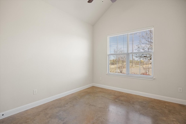 unfurnished room featuring ceiling fan and lofted ceiling