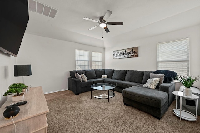 living room featuring ceiling fan and carpet floors