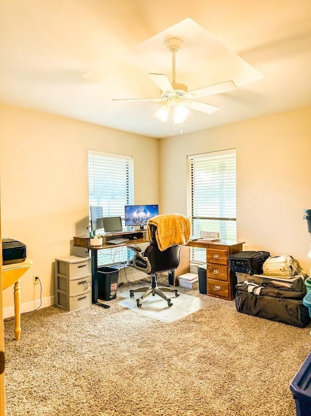 office featuring carpet floors and ceiling fan