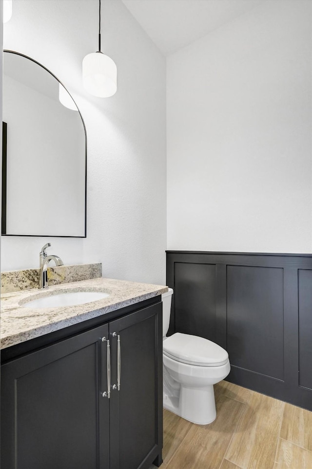 bathroom featuring vanity, wood-type flooring, and toilet