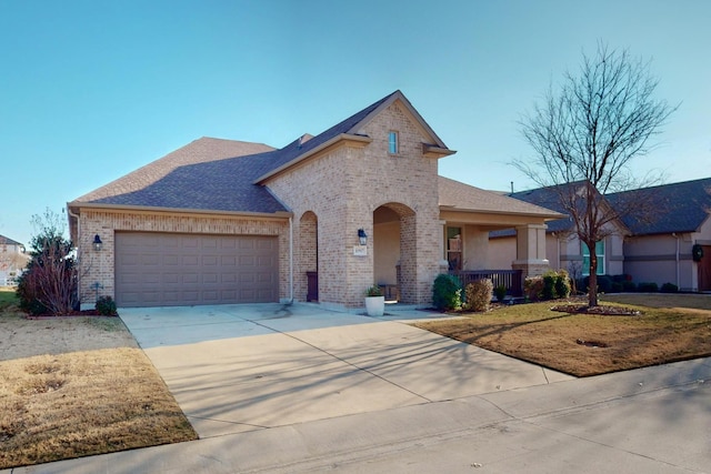 view of front of home featuring covered porch, a front yard, and a garage