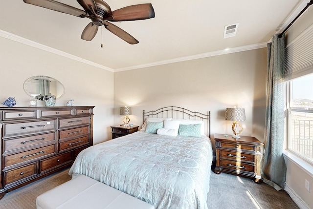 bedroom with carpet, ceiling fan, and ornamental molding