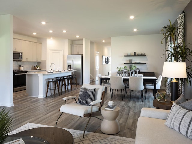 living room featuring hardwood / wood-style flooring and sink