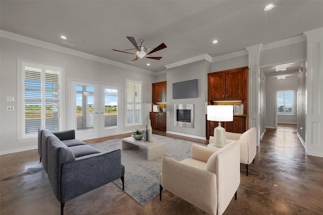 living room featuring french doors, ceiling fan, and ornamental molding