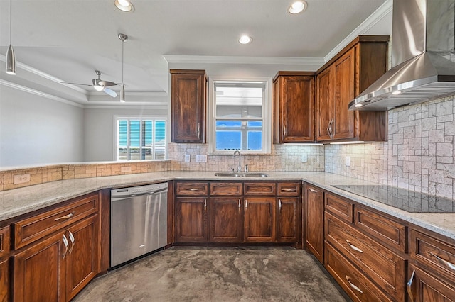 kitchen featuring sink, hanging light fixtures, stainless steel dishwasher, black electric cooktop, and wall chimney exhaust hood