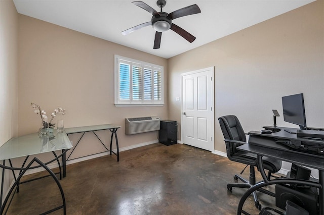 office area with a wall mounted AC and ceiling fan