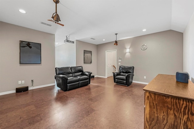 living room with vaulted ceiling