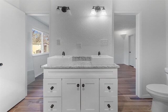 bathroom with vanity, hardwood / wood-style flooring, and toilet