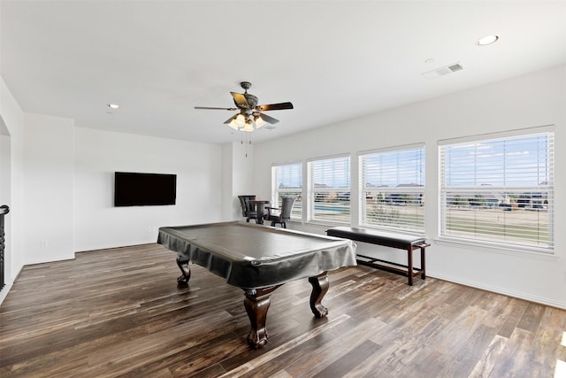 recreation room featuring ceiling fan, hardwood / wood-style floors, and billiards