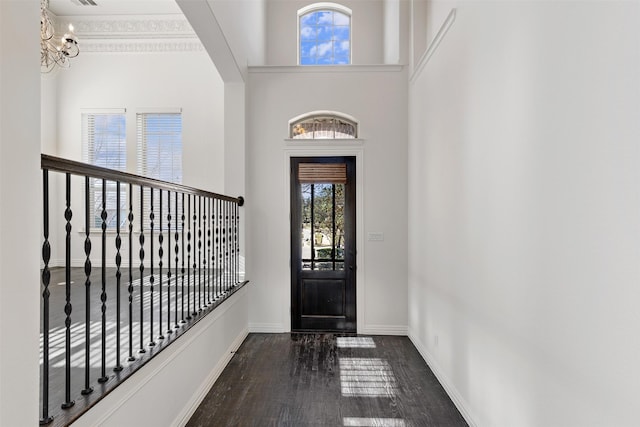 entrance foyer featuring a high ceiling, dark hardwood / wood-style floors, and a chandelier