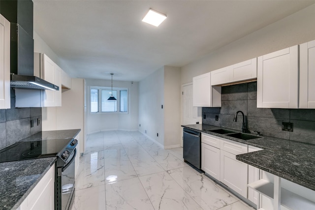 kitchen with stainless steel electric stove, sink, wall chimney exhaust hood, black dishwasher, and white cabinetry