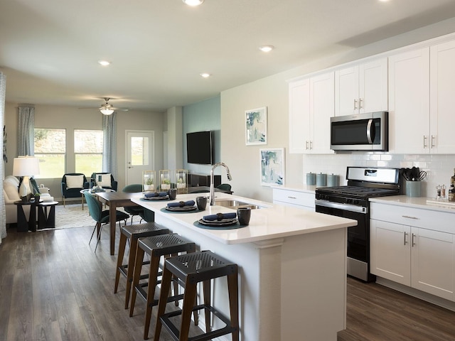 kitchen with white cabinetry, stainless steel appliances, sink, and an island with sink