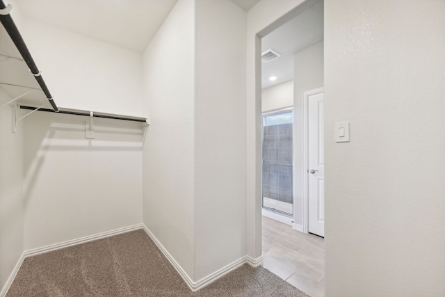 spacious closet featuring light carpet