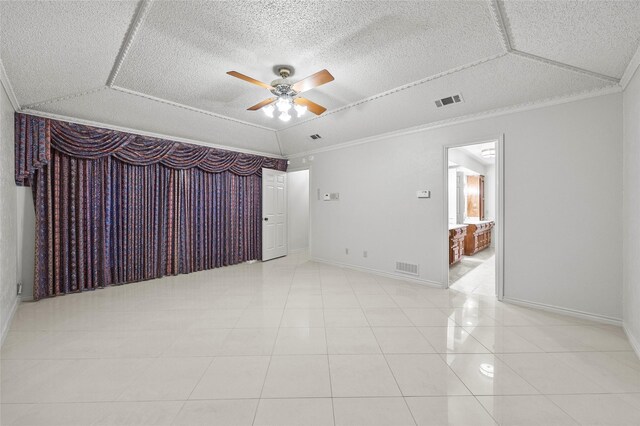 4247 Blackheath Rd, Dallas, TX 75227 - unfurnished room with crown molding, ceiling fan, light tile patterned flooring, and a textured ceiling