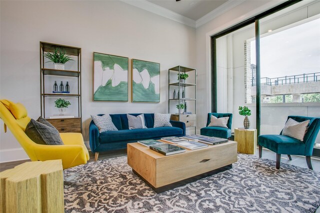 living room with ornamental molding