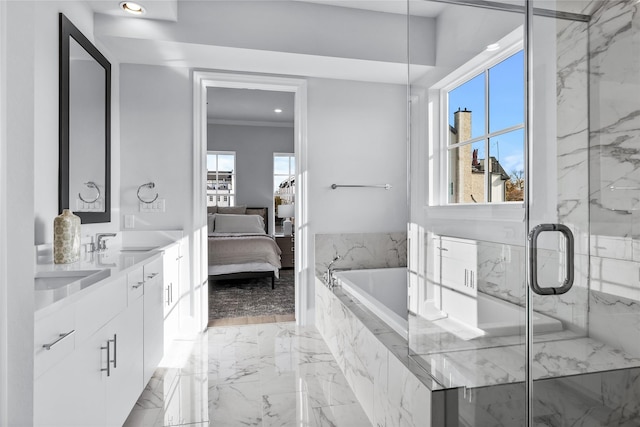 bathroom with separate shower and tub, crown molding, and vanity