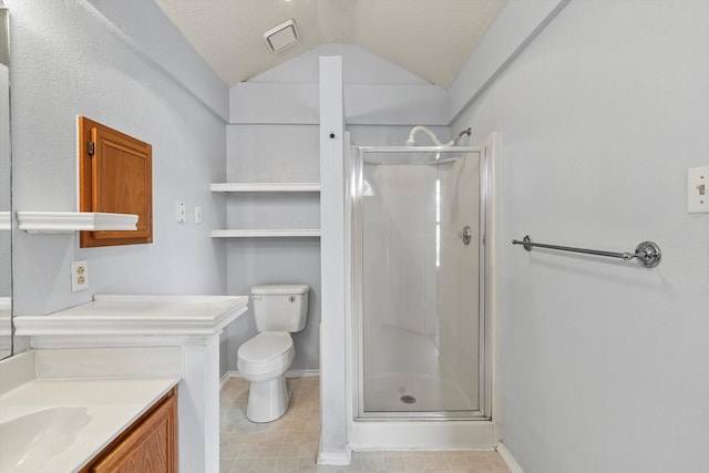 bathroom with vanity, a textured ceiling, vaulted ceiling, a shower with door, and toilet