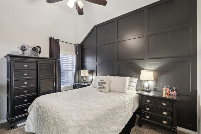 bedroom featuring carpet flooring, ceiling fan, and vaulted ceiling