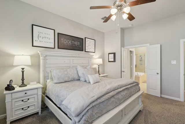 carpeted bedroom featuring connected bathroom and ceiling fan