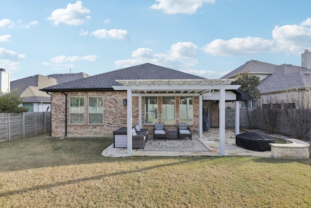 back of property featuring a pergola, a lawn, a patio, and an outdoor hangout area