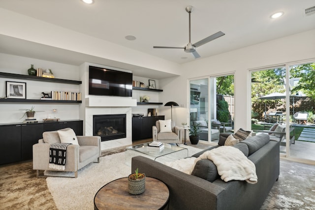 living room featuring ceiling fan