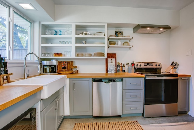 kitchen featuring sink, gray cabinets, range hood, butcher block countertops, and stainless steel appliances