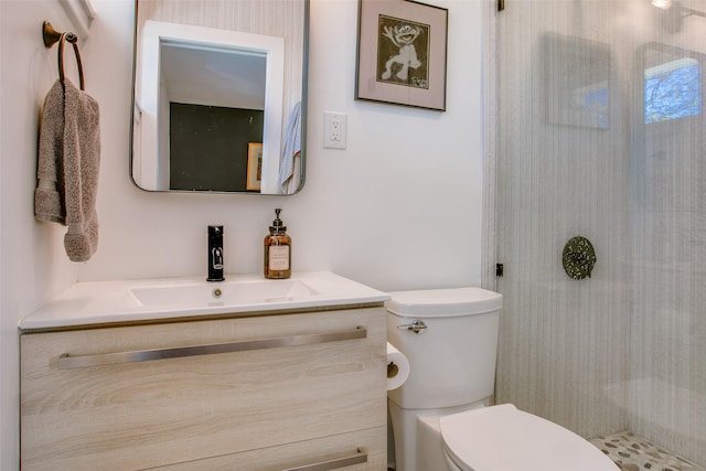 bathroom featuring a shower, vanity, and toilet