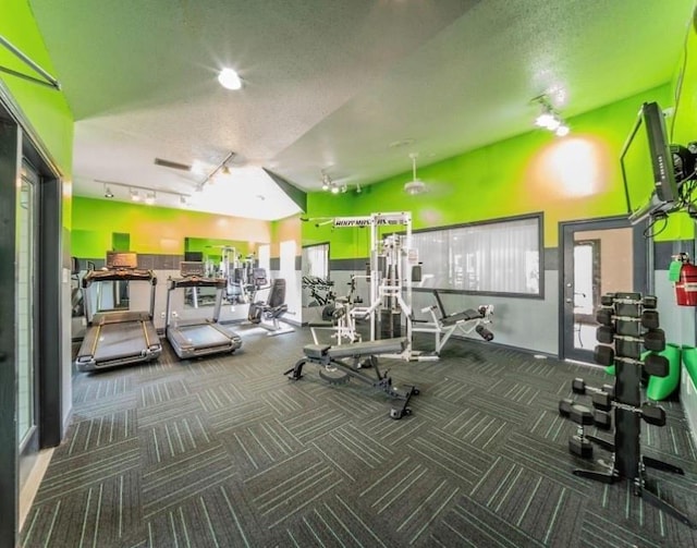 exercise room with rail lighting, carpet floors, and a textured ceiling