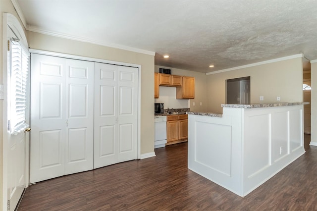 kitchen featuring a textured ceiling, ornamental molding, white dishwasher, dark hardwood / wood-style flooring, and light stone countertops