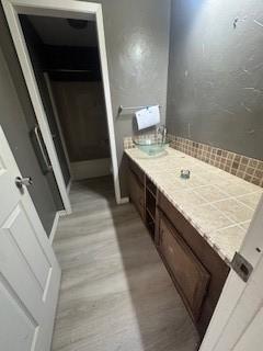 bathroom featuring backsplash and hardwood / wood-style floors