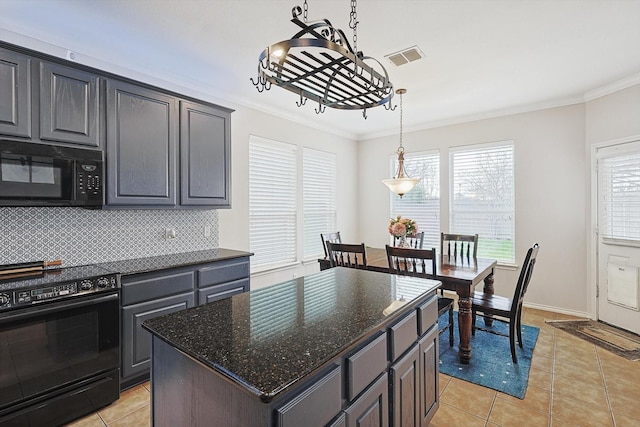 kitchen with tasteful backsplash, crown molding, light tile patterned floors, plenty of natural light, and black appliances