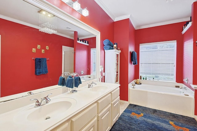 full bath with a sink, a garden tub, double vanity, and crown molding