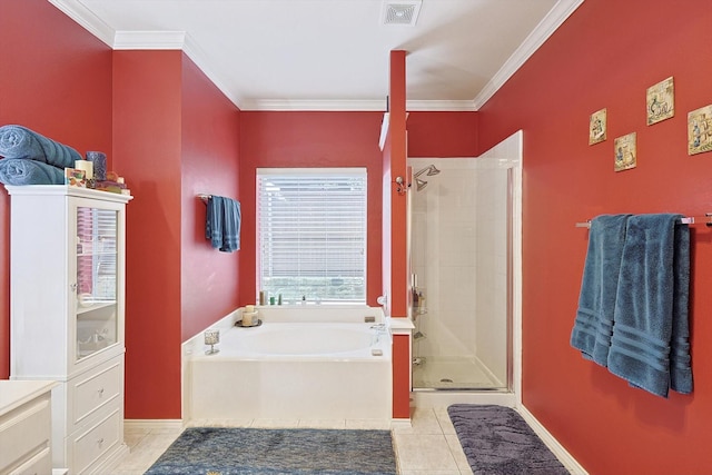 bathroom with a garden tub, ornamental molding, visible vents, and a stall shower