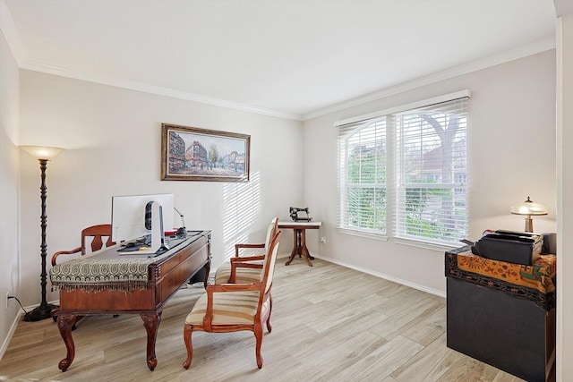 office space featuring light wood-style floors and ornamental molding