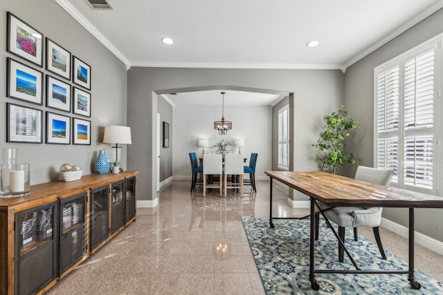 office area featuring ornamental molding and a notable chandelier