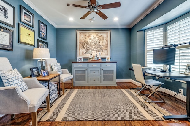 office space with hardwood / wood-style flooring, ceiling fan, and ornamental molding