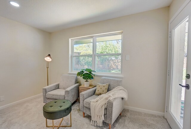 living area with light colored carpet