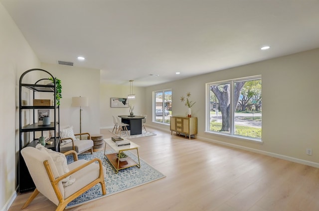 living room with light hardwood / wood-style flooring