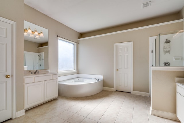 bathroom with tile patterned flooring, vanity, and independent shower and bath