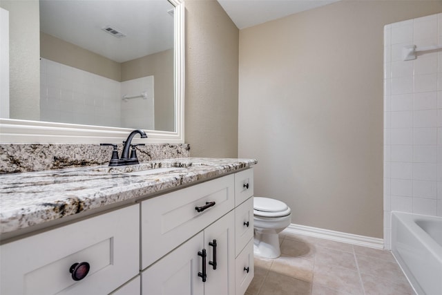 full bathroom with bathtub / shower combination, tile patterned floors, vanity, and toilet