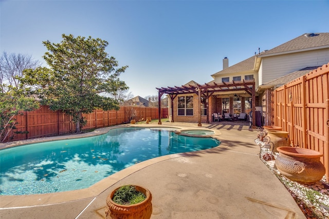 view of swimming pool featuring a pergola, an in ground hot tub, and a patio