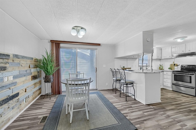 dining space with wooden walls, sink, light hardwood / wood-style floors, and a textured ceiling