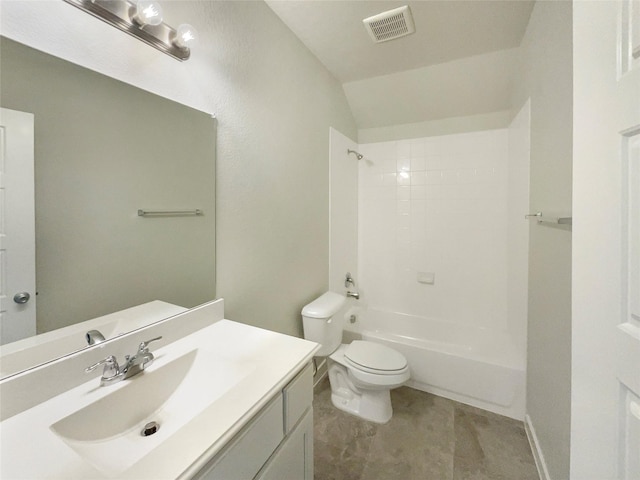 full bathroom featuring vanity, shower / bath combination, lofted ceiling, and toilet