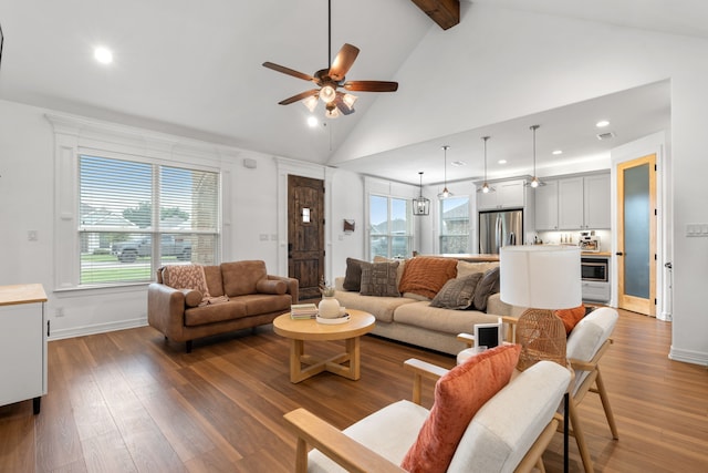 living room featuring beam ceiling, high vaulted ceiling, ceiling fan, and hardwood / wood-style floors