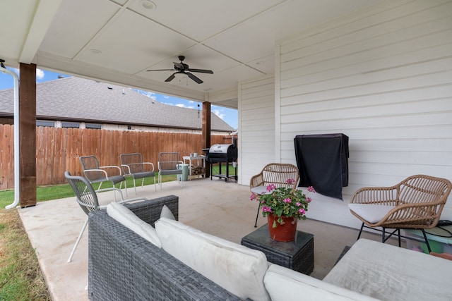 view of patio / terrace featuring outdoor lounge area, ceiling fan, and a grill