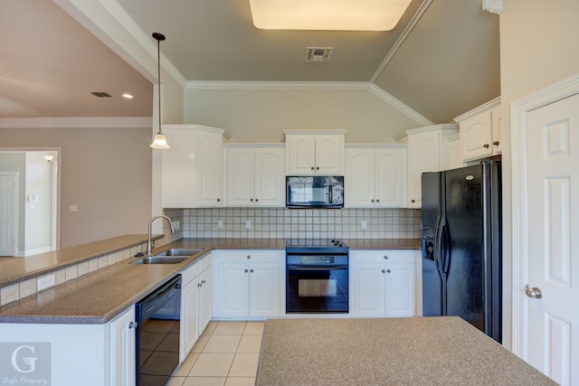 kitchen featuring kitchen peninsula, sink, black appliances, decorative light fixtures, and white cabinets