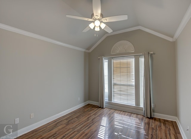 unfurnished room featuring lofted ceiling, ornamental molding, dark hardwood / wood-style floors, and ceiling fan